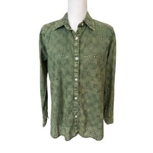 The Nu Vintage Olive Embroidered Eyelet Button-Down Shirt Women Small NWT